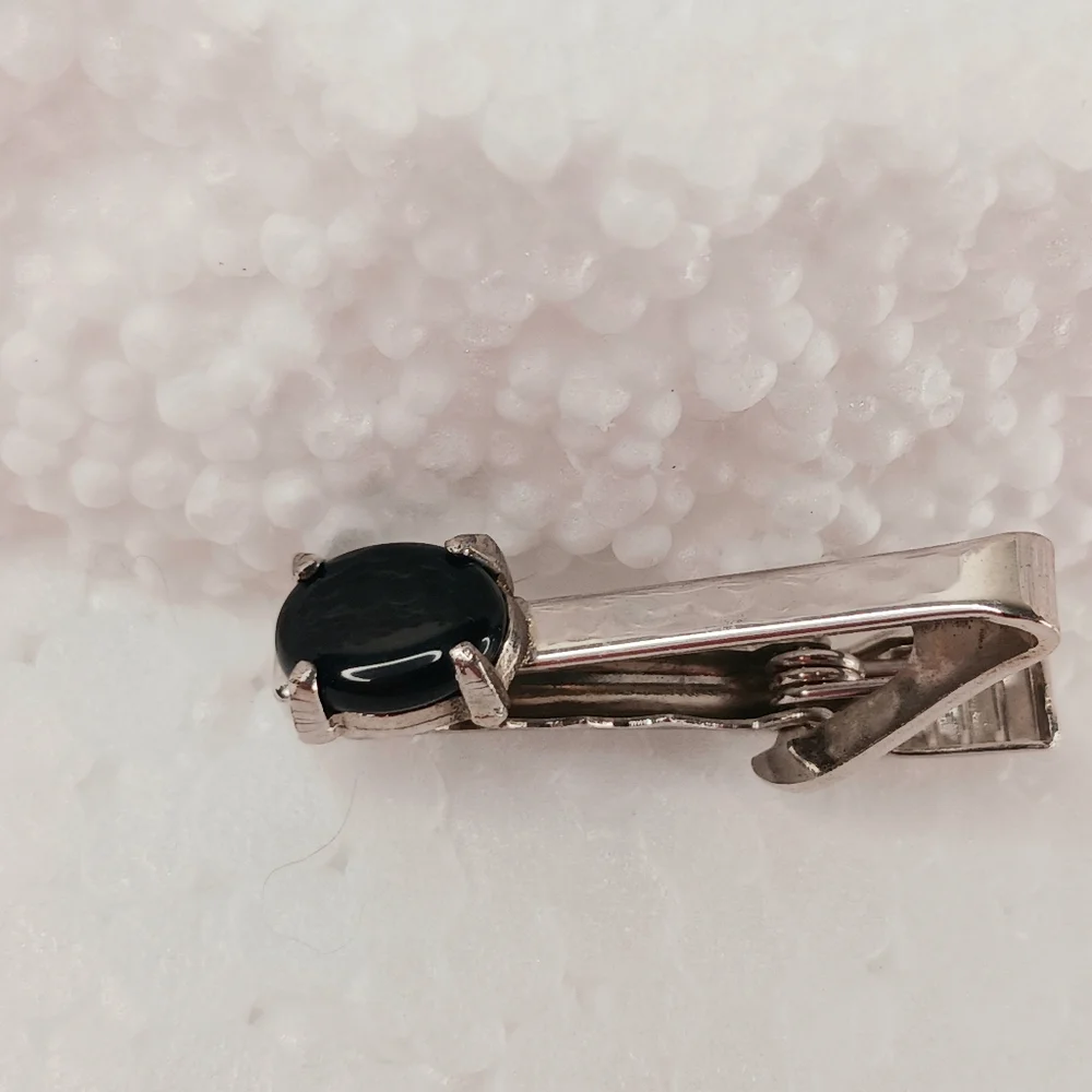 Silver Tie Clip Onyx Natural Black Onyx, Elegant Classic Timeless Vintage